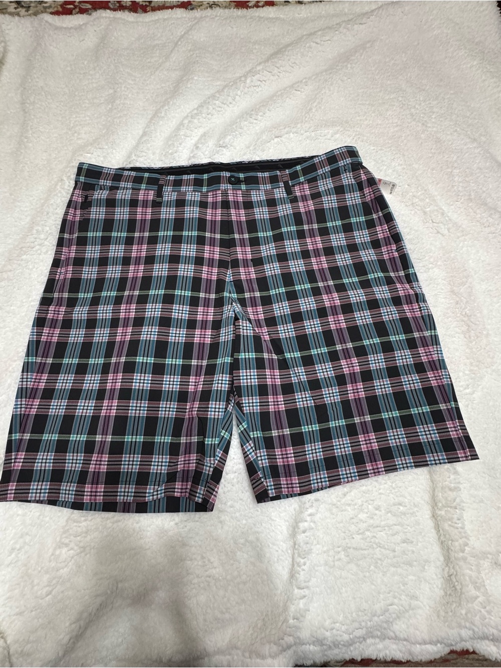 Men’s Plaid Flat-Front Shorts – Black with Pink & Blue